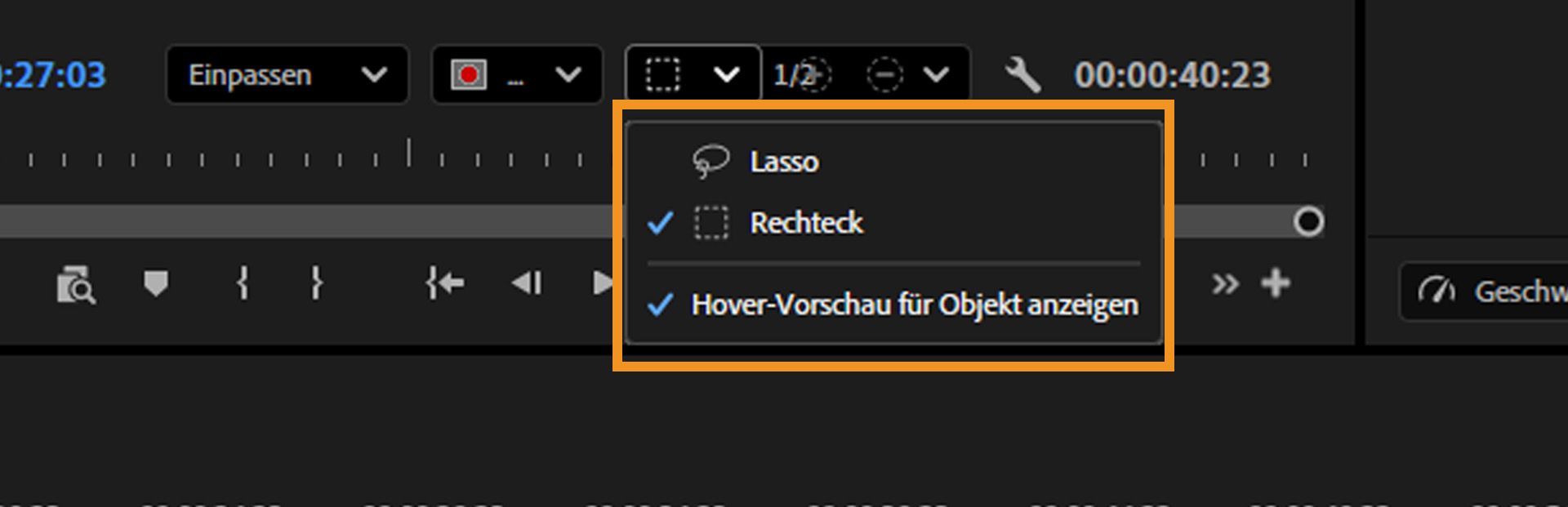 Die Rechteck- und Lasso-Tools werden hervorgehoben, um Objekte auszuwählen.Die Hover-Vorschau ist für schnellere, präzisere Auswahlen im Programmmonitor aktiviert.