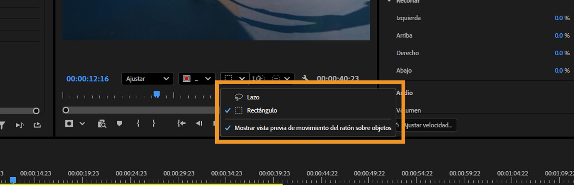 Las herramientas Rectángulo y Lazo están resaltadas para seleccionar objetos.La vista previa al pasar el cursor está habilitada para realizar selecciones más rápidas y precisas en el Monitor de programa.