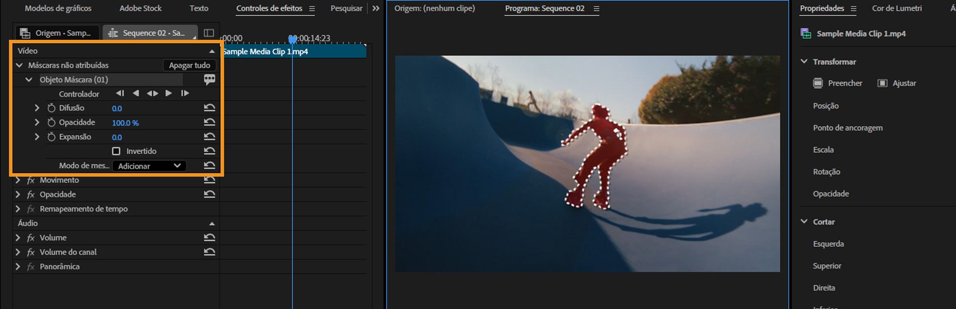 Painel Controles de Efeito com opções de refinamento de Máscara de Objeto destacadas, incluindo Difusão, Opacidade, Expansão, Invertido e Modo de Mesclagem.