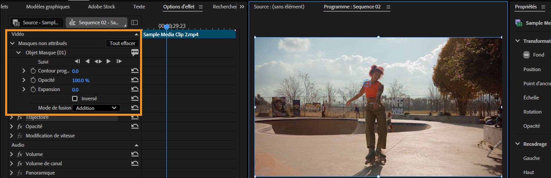 Panneau Contrôles d'effets avec options d'affinage de masque d'objet en surbrillance, notamment Contour progressif, Opacité, Expansion, Inversé et Mode de fusion. 