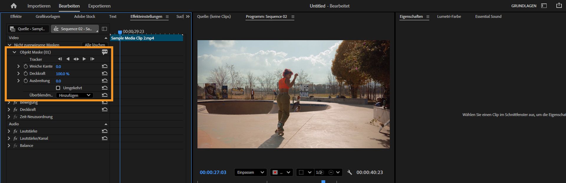 Bedienfeld „Effekteinstellungen“ mit hervorgehobenen Verfeinerungsoptionen für Objektmasken, darunter „Weiche Kante“, „Deckkraft“, „Erweiterung“, „Umgekehrt“ und „Überblendmodus“.