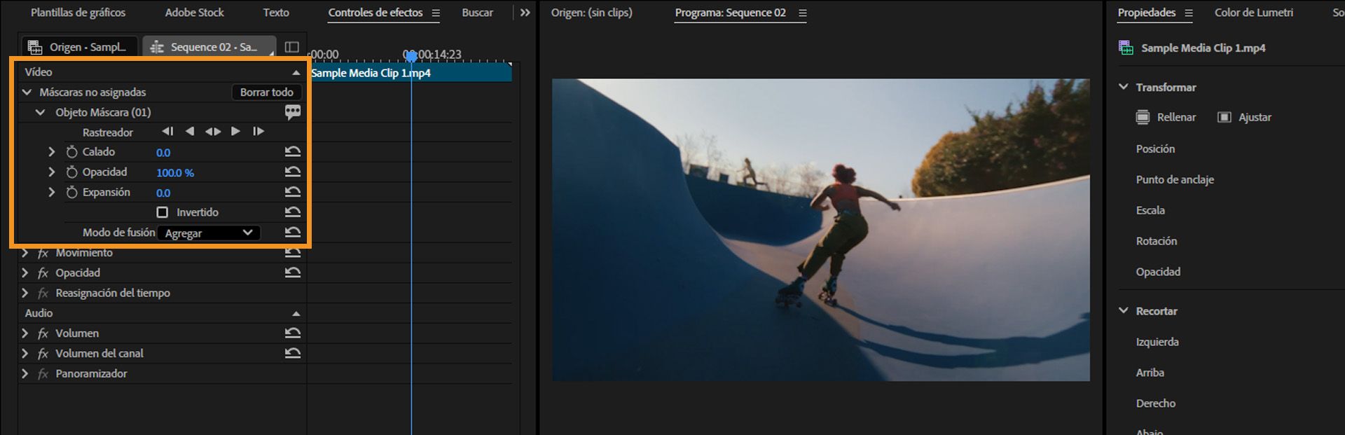 Panel de controles de efectos con opciones de refinamiento de máscara de objeto resaltadas, incluyendo Desvanecer, Opacidad, Expansión, Invertido y Modo de fusión. 