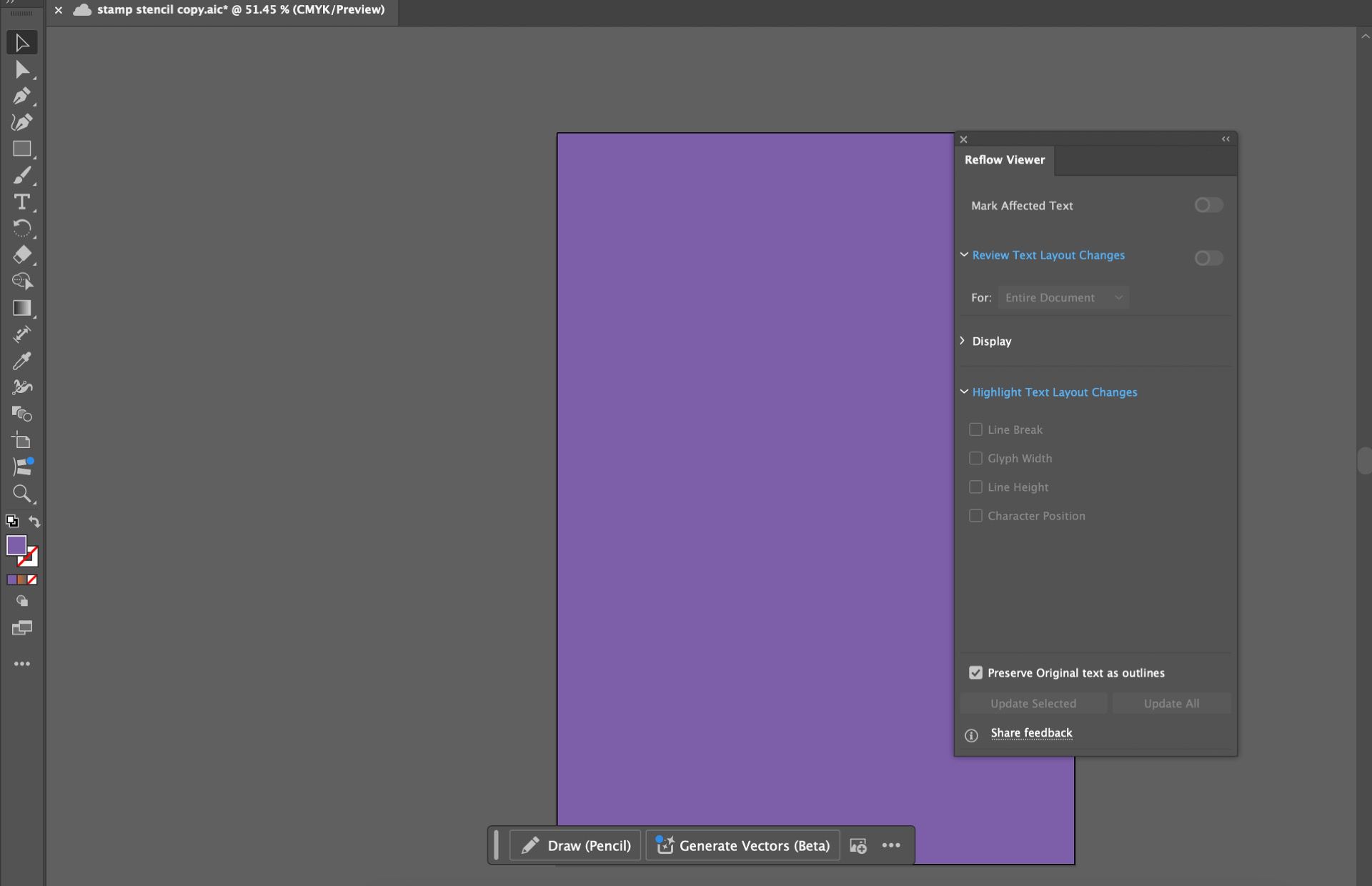 llustrator workspace showing the Reflow Viewer panel, with options to review and highlight text layout changes using magenta and light blue colors.