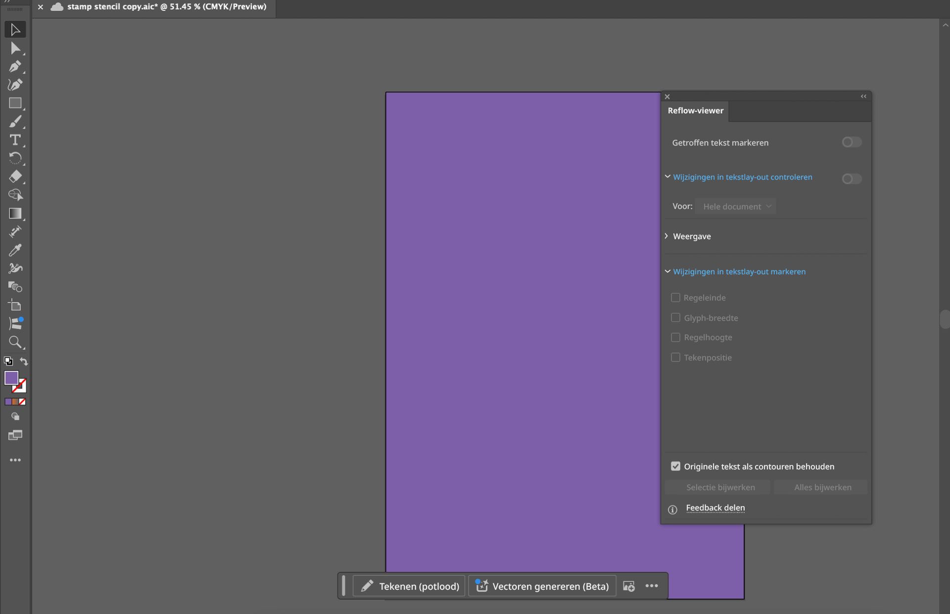 Illustrator-werkruimte met het deelvenster Reflow-viewer, met opties om wijzigingen in de tekstlay-out te bekijken en te markeren met de kleuren magenta en lichtblauw.