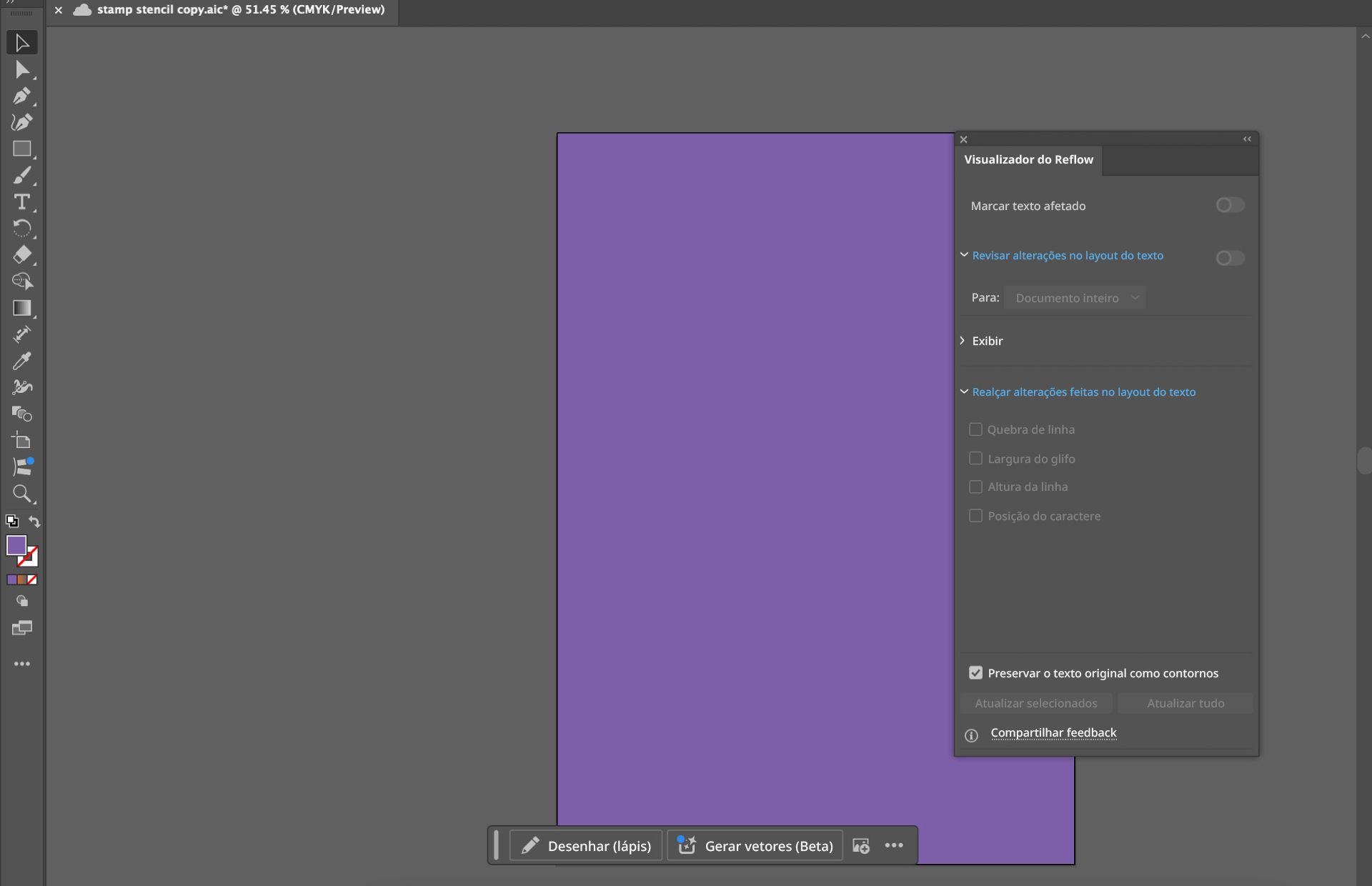 Espaço de trabalho do Illustrator mostrando o painel Visualizador do Reflow, com opções para revisar e realçar alterações feitas no layout de texto usando cores magenta e azul-claro.