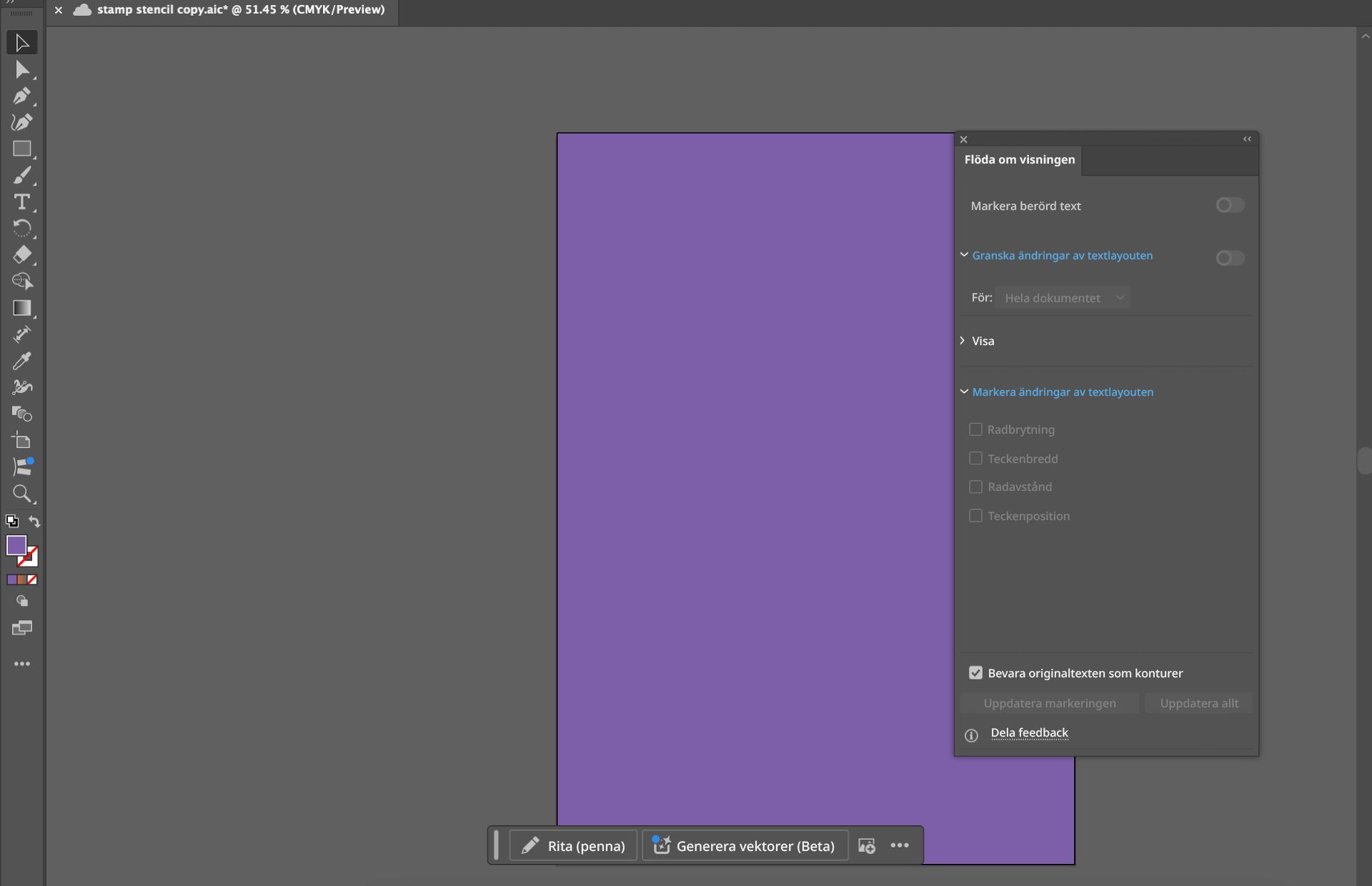 En arbetsyta i Illustrator med panelen Flöda om visningen och alternativ för att granska och markera ändringar av textlayouten i magenta och ljusblått.