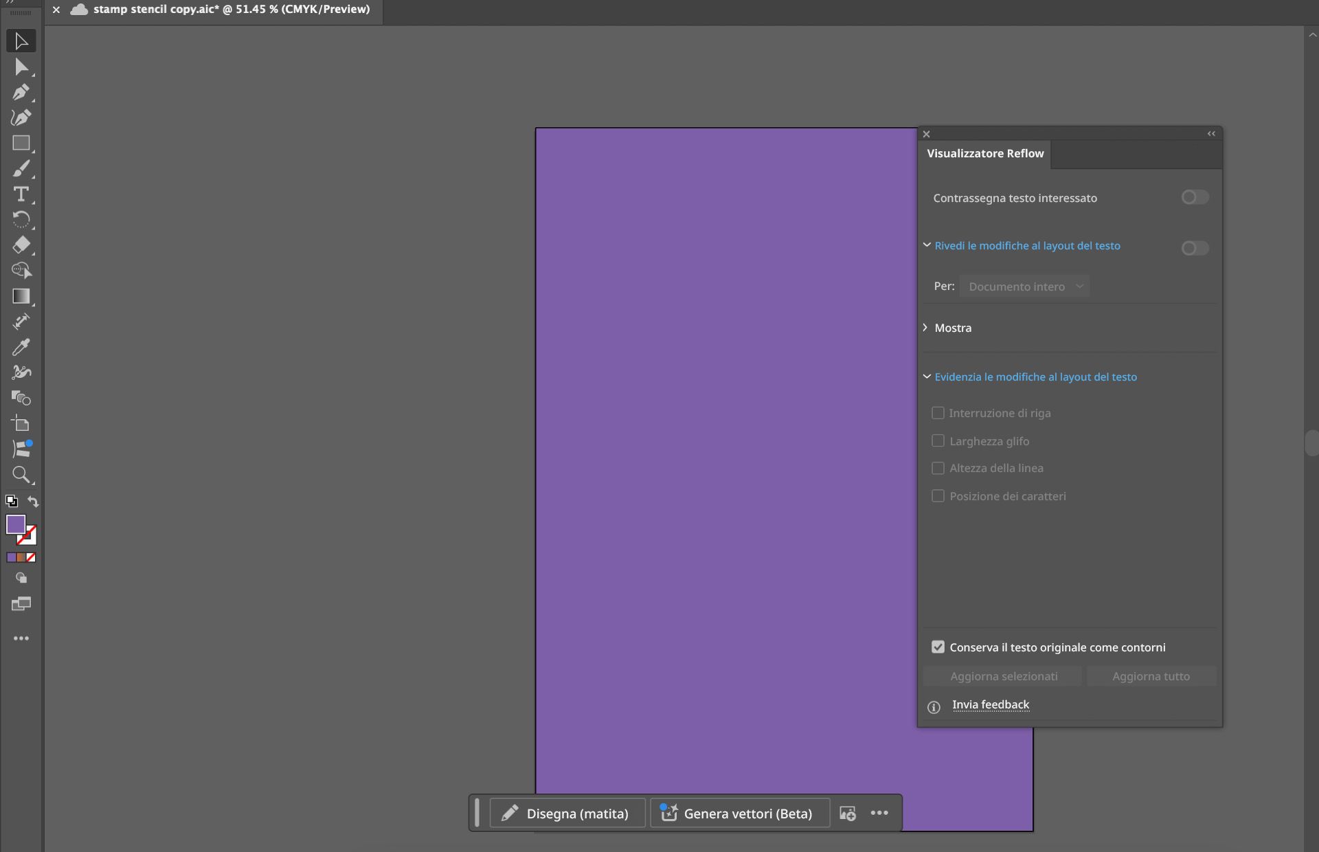 Area di lavoro di llustrator che mostra il pannello Visualizzatore Reflow, con opzioni per rivedere ed evidenziare le modifiche apportate al layout di testo utilizzando i colori magenta e azzurro.