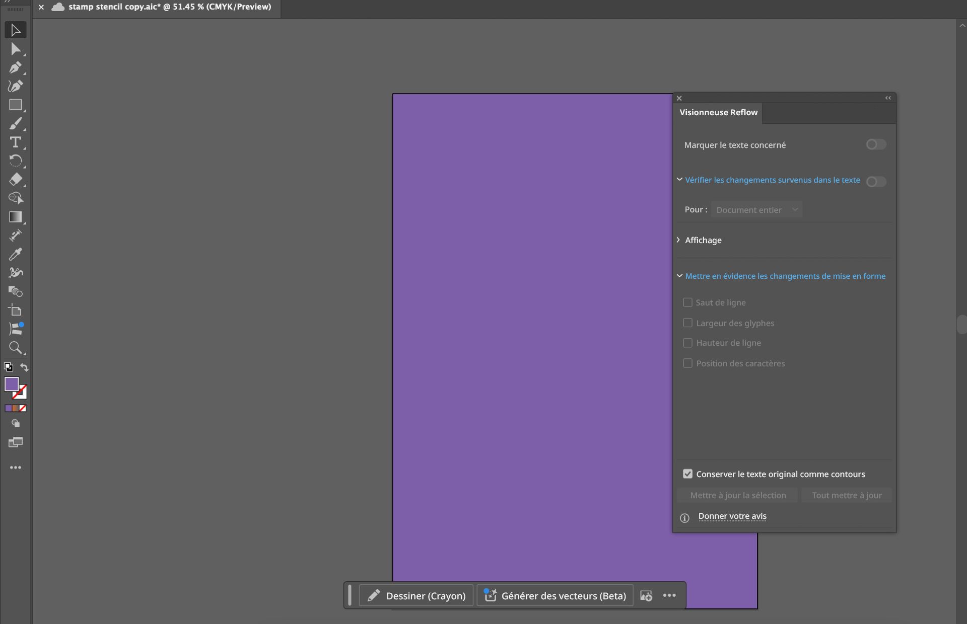 Espace de travail d’Illustrator montrant le panneau Visionneuse Reflow, avec des options pour examiner et mettre en évidence les modifications de disposition du texte à l’aide des couleurs magenta et bleu clair.