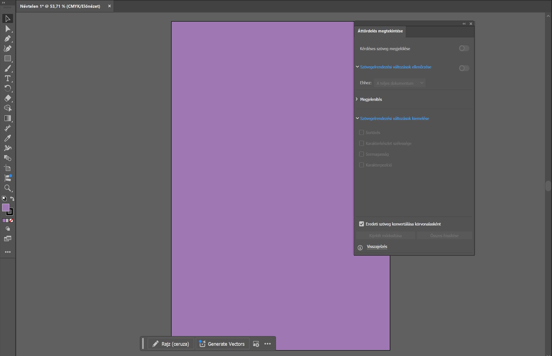 Illustrator munkaterület, amely az Áttördelés megtekintése panelt mutatja, beállításokkal a szövegelrendezés változásainak áttekintéséhez és kiemeléséhez bíbor és világoskék színeket használva.