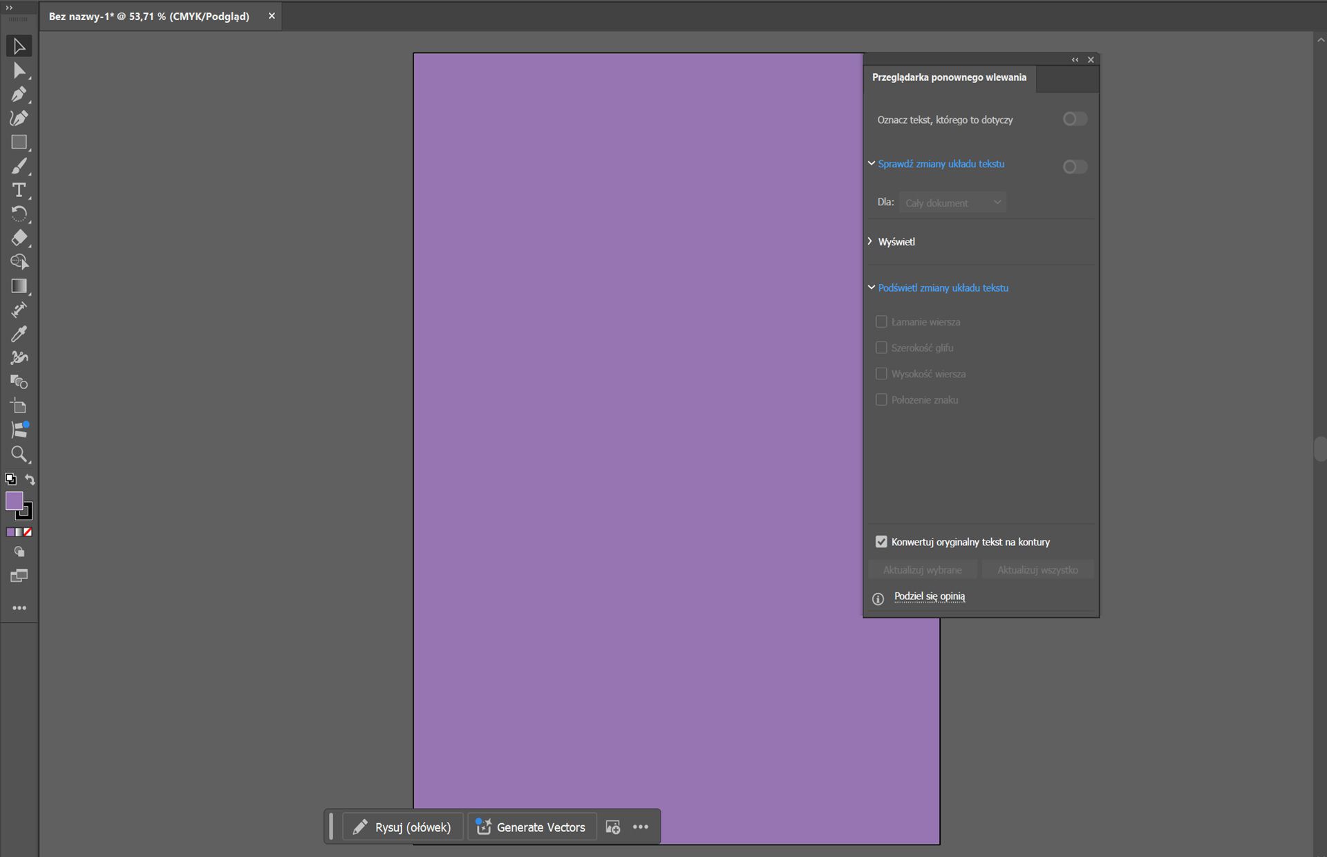 Obszar roboczy programu lllustrator przedstawiający panel Przeglądarki ponownego wlewania z opcjami przeglądania i wyróżniania zmian układu tekstu za pomocą kolorów magenta i jasnoniebieskiego.