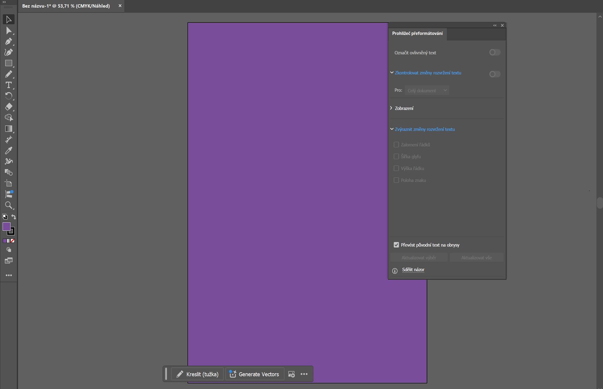 Pracovní plocha aplikace Illustrator zobrazující panel prohlížeče přeformátování s možnostmi prohlížení a zvýraznění změn rozvržení textu pomocí purpurových a světle modrých barev.