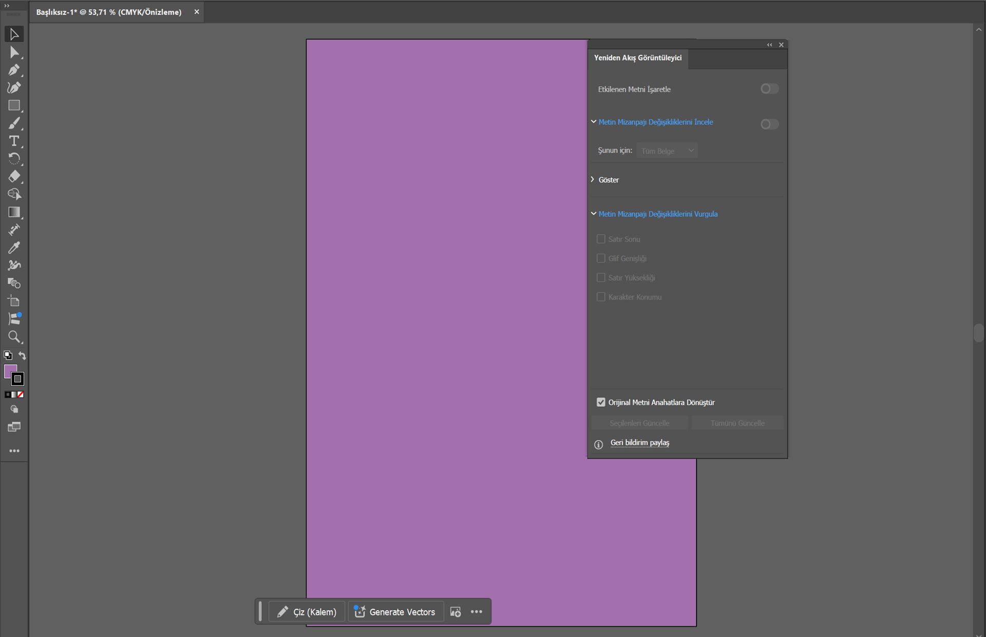 Macenta ve açık mavi renkleri kullanarak metin mizanpajı değişikliklerini inceleme ve vurgulama seçenekleriyle Yeniden Akış Görüntüleyici panelini gösteren Illustrator çalışma alanı.
