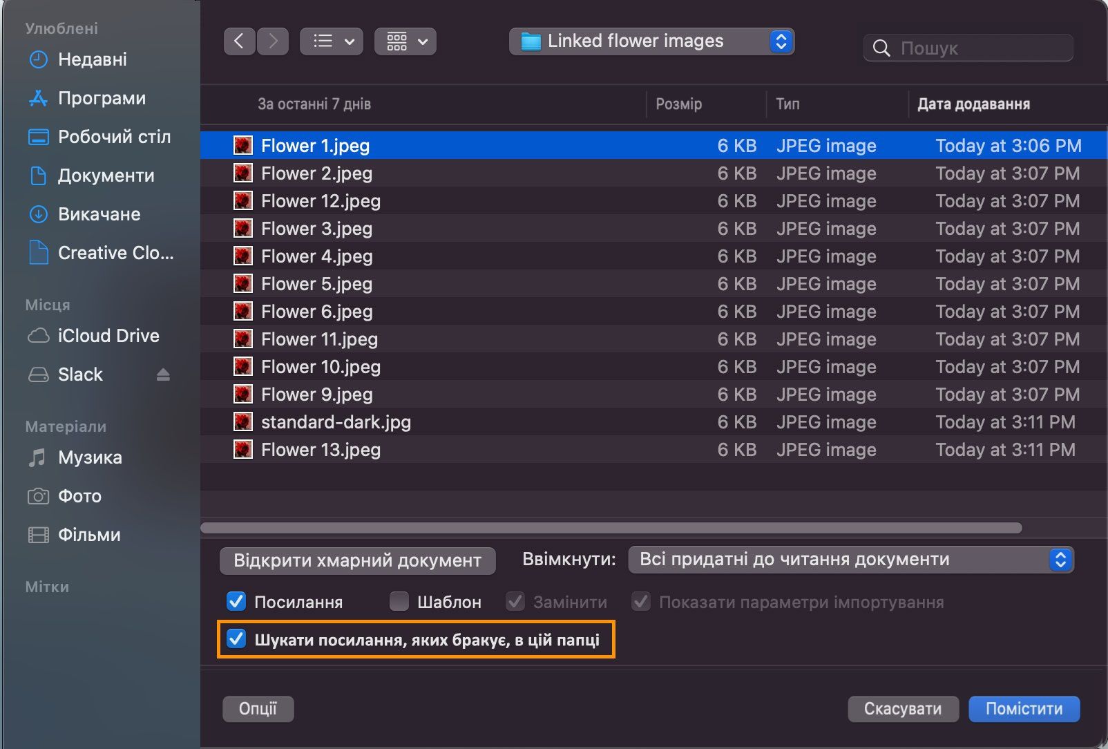 У діалоговому вікні відображається список відсутніх файлів із виділеним параметром «Пошук відсутніх зв’язків у цій папці».