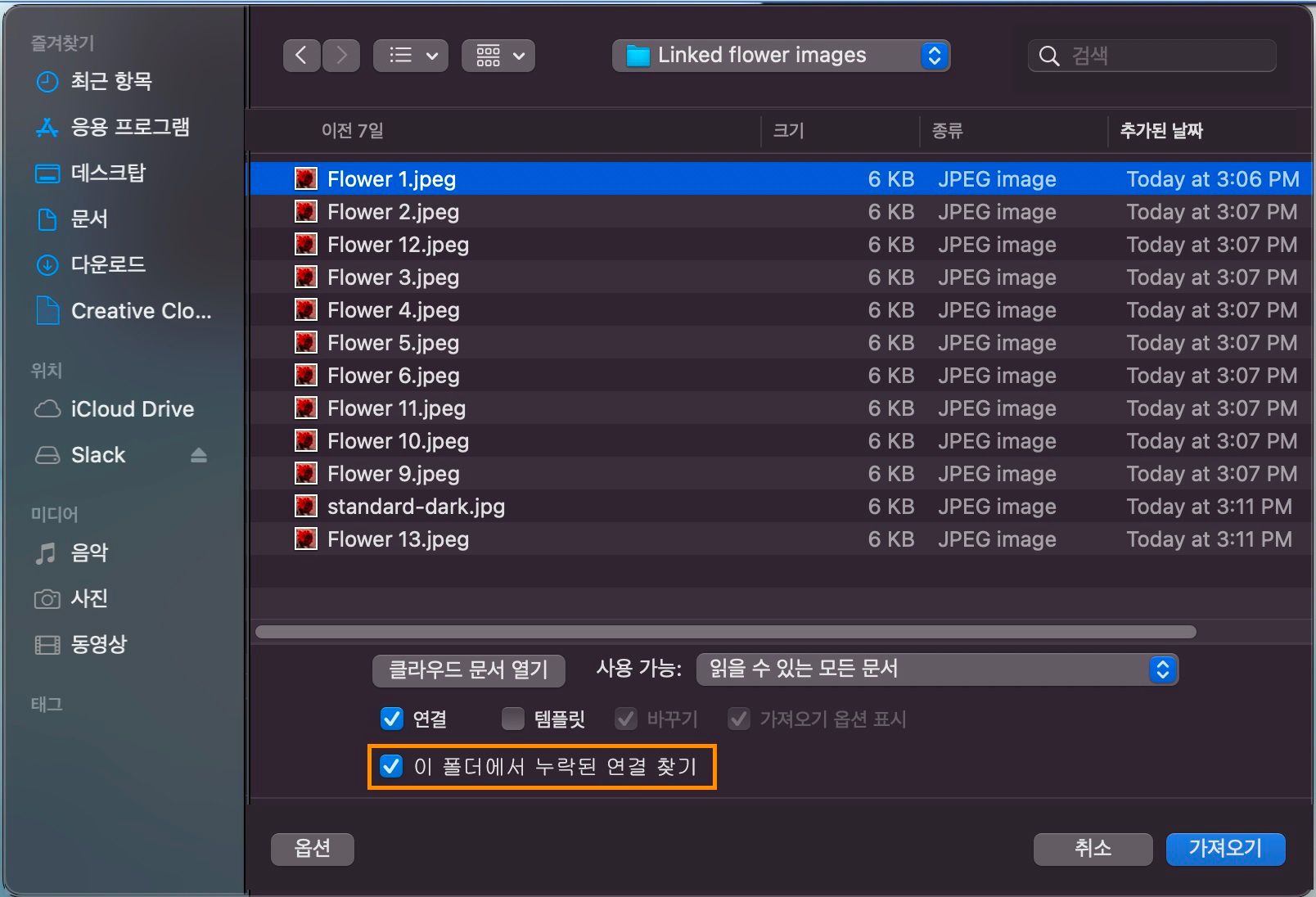 대화 상자에 누락된 파일 목록이 표시되고 이 폴더에서 누락된 연결 찾기 옵션이 강조 표시됩니다.