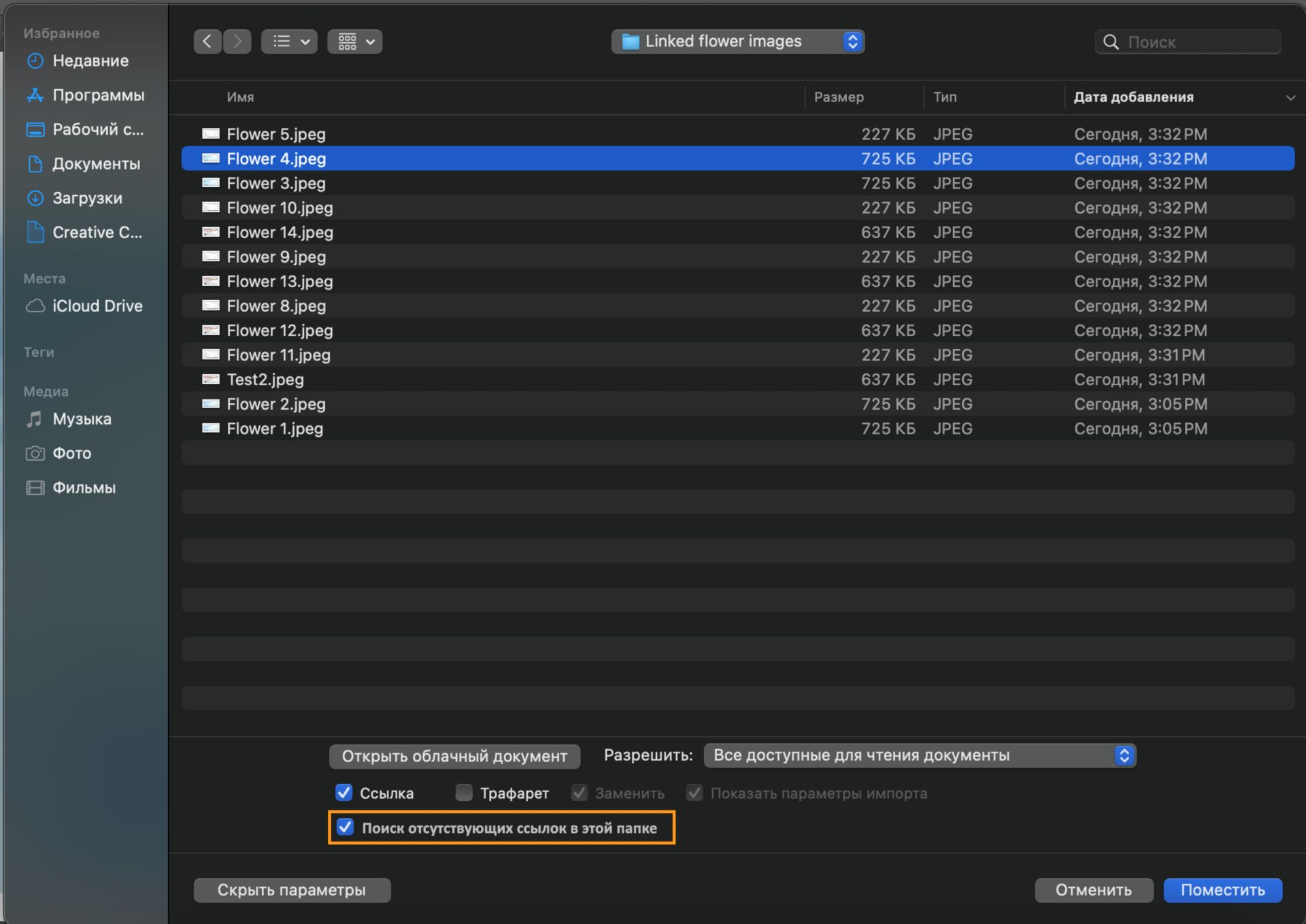 В диалоговом окне отображается список отсутствующих файлов с выделенным параметром «Поиск отсутствующих ссылок в этой папке».