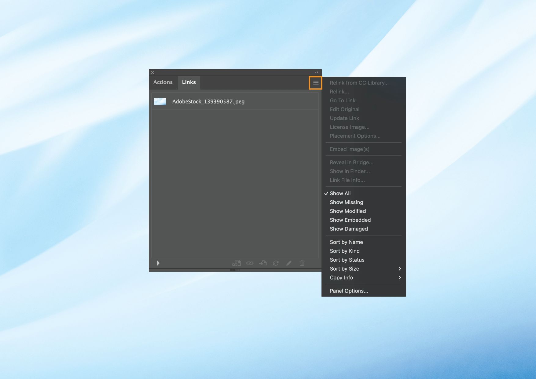 لوحة Links مع قائمة اللوحة المفتوحة التي تعرض خيارات متنوعة لإدارة الملفات المرتبطة والمضمنة.