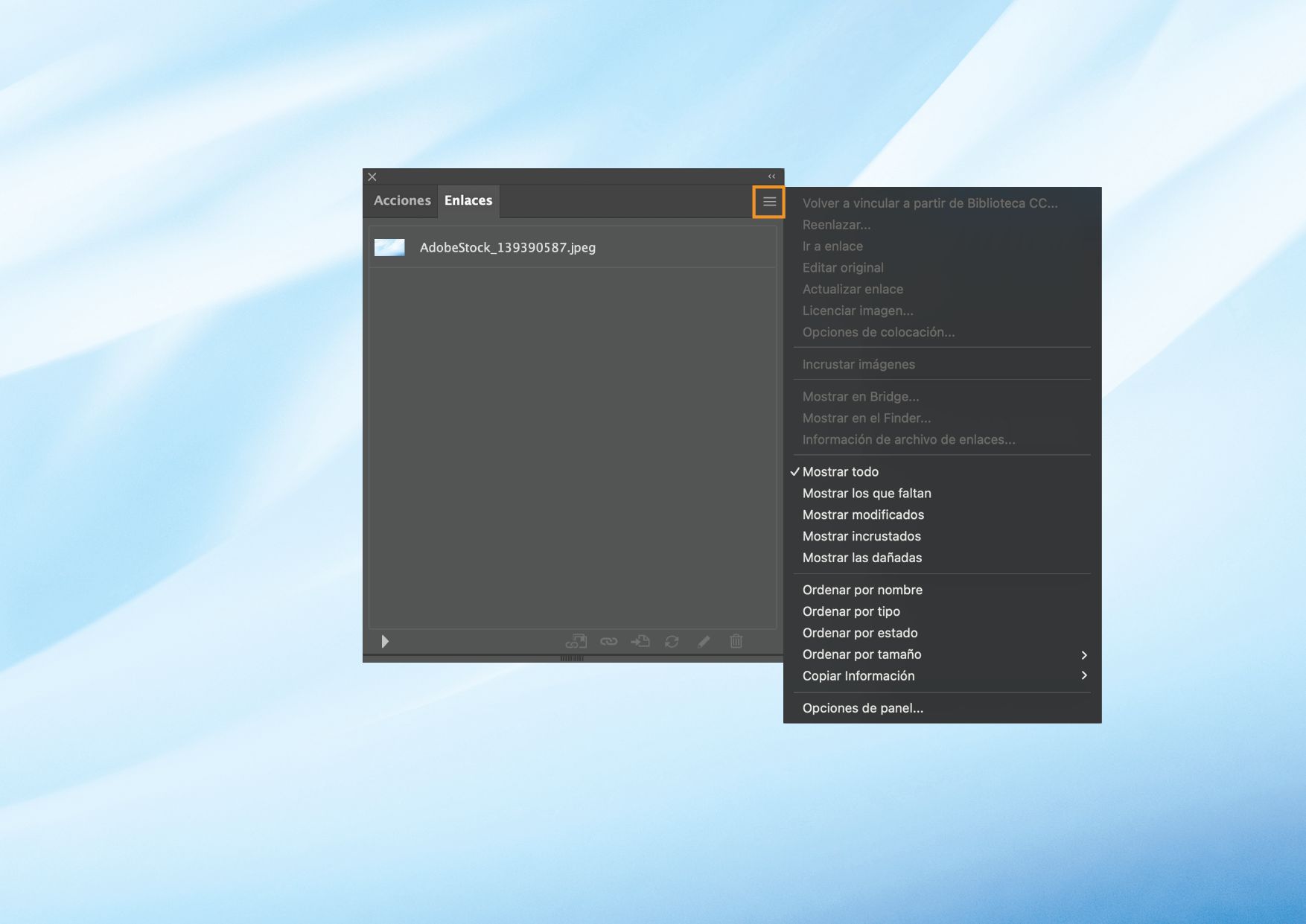 Panel Enlaces con un menú abierto que muestra varias opciones para administrar archivos vinculados e insertados.