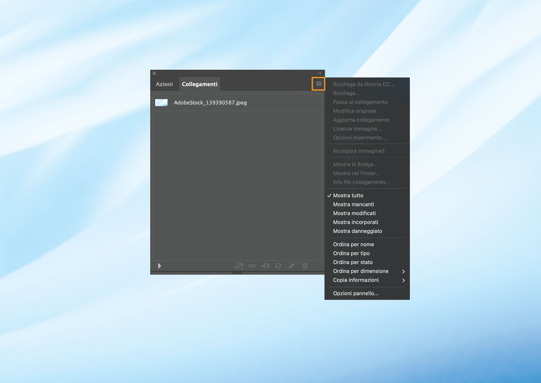 Il pannello Collegamenti con il menu del pannello aperto che mostra varie opzioni per gestire i file collegati e incorporati.