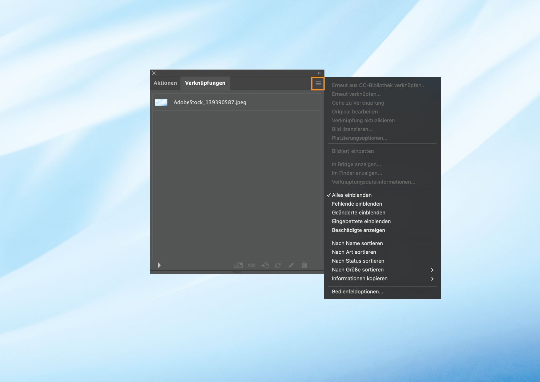 Das Verknüpfungenbedienfeld mit geöffnetem Bedienfeldmenü, das verschiedene Optionen zur Verwaltung verknüpfter und eingebetteter Dateien enthält.