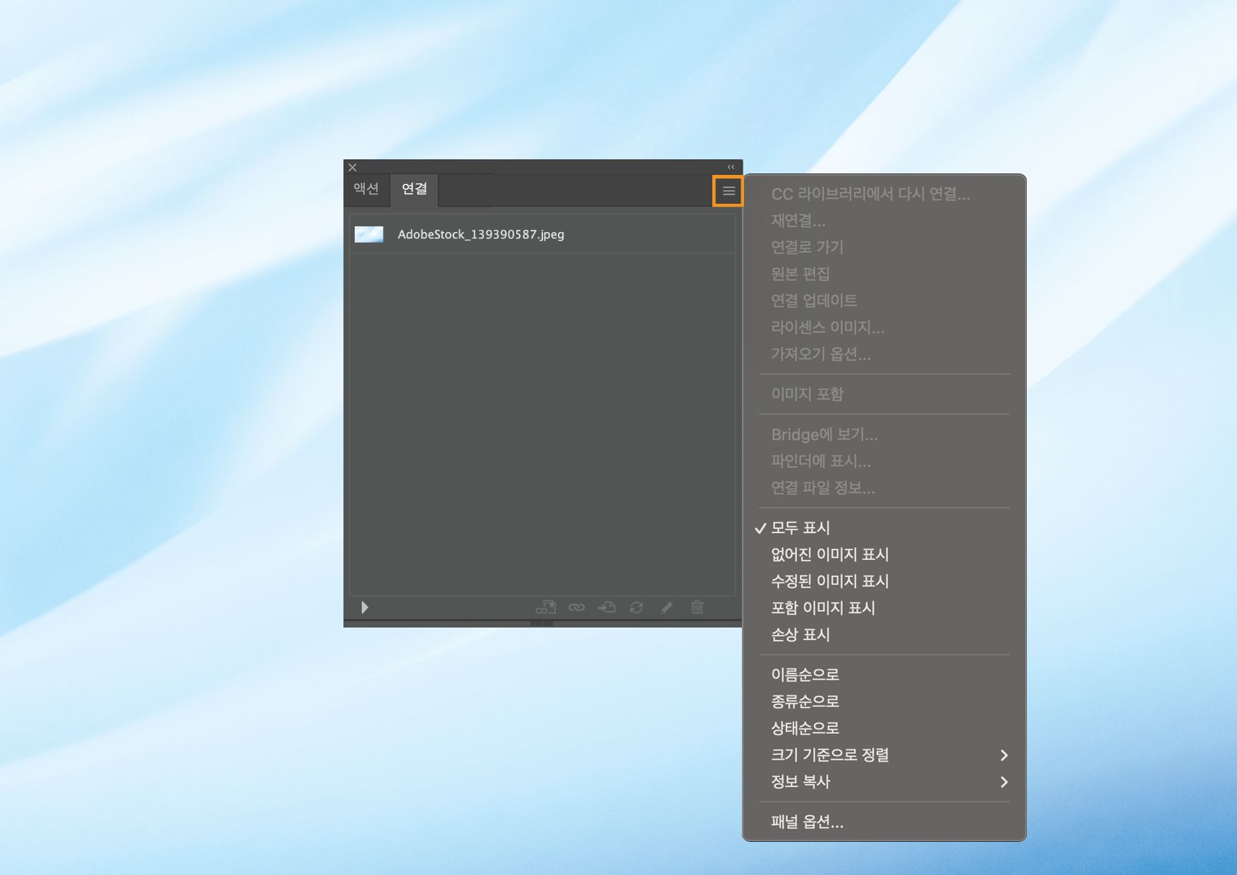 패널 메뉴가 열린 연결 패널에 연결 및 포함된 파일을 관리하는 여러 옵션이 표시됩니다.
