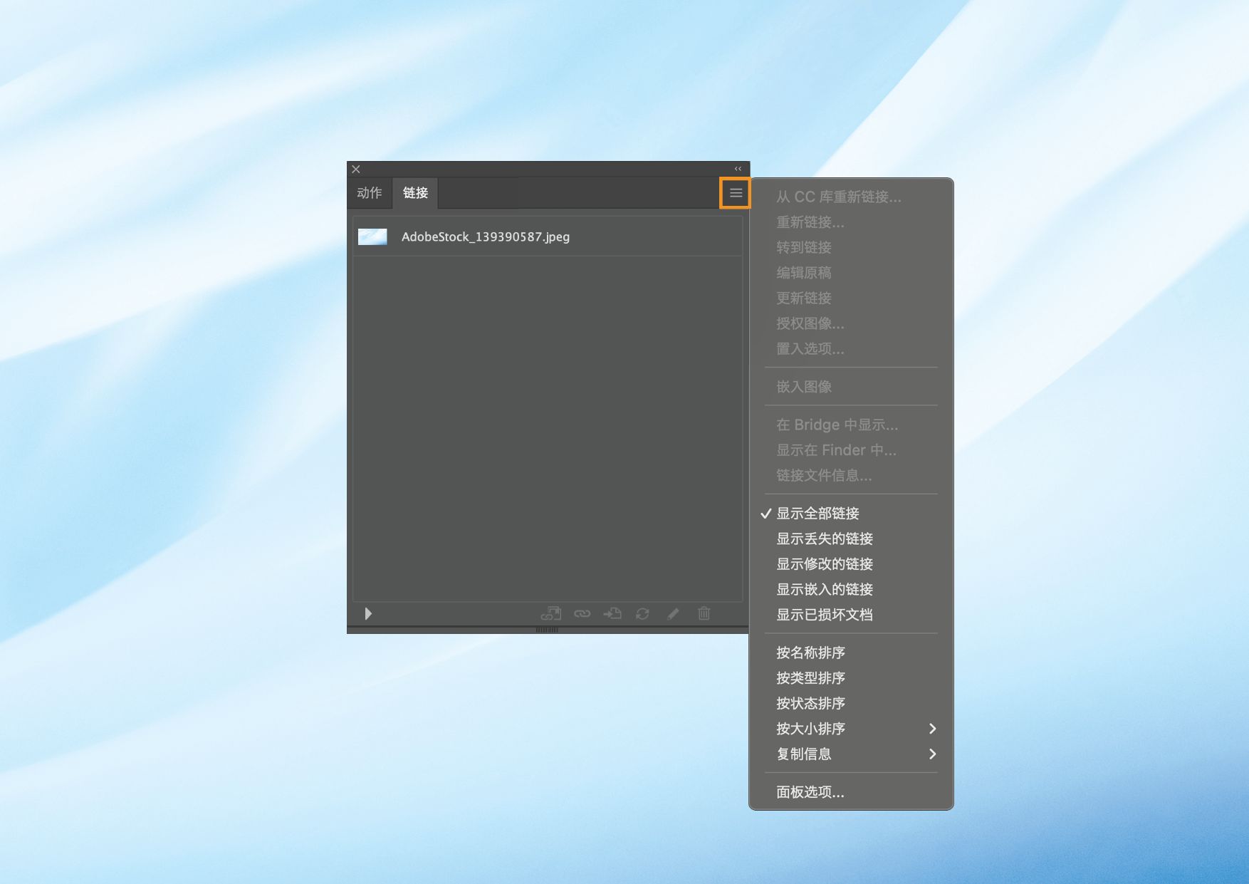 面板菜单打开的链接面板，其中显示了管理链接和嵌入文件的各种选项。