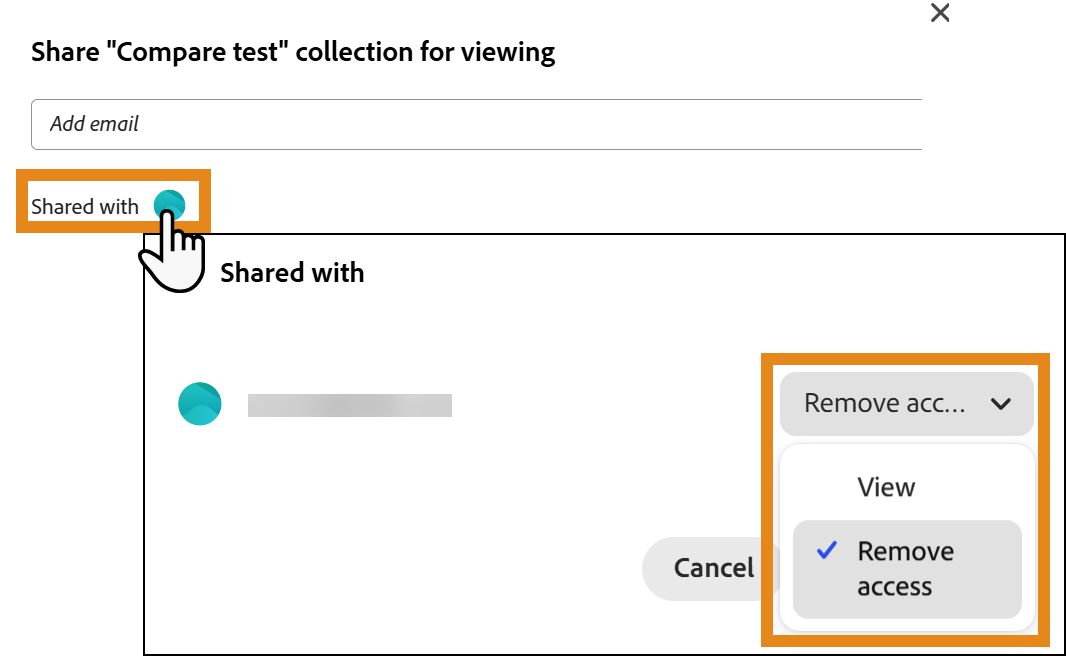 Listahan ng access sa shared collection na nagpapakita ng Remove Access action para sa isang user.