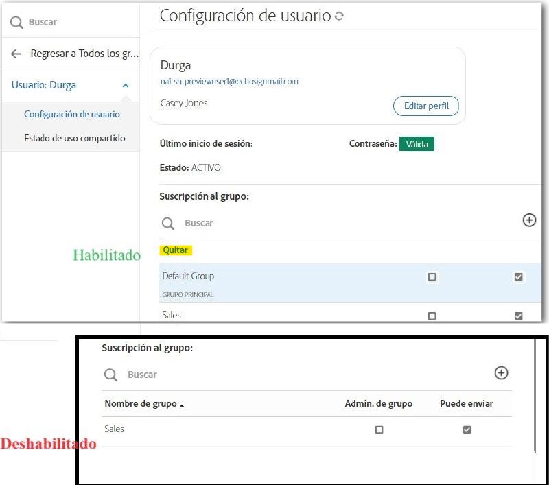 La interfaz Configuración de usuario muestra una instancia con el grupo predeterminado visible y en la otra el grupo predeterminado no es evidente