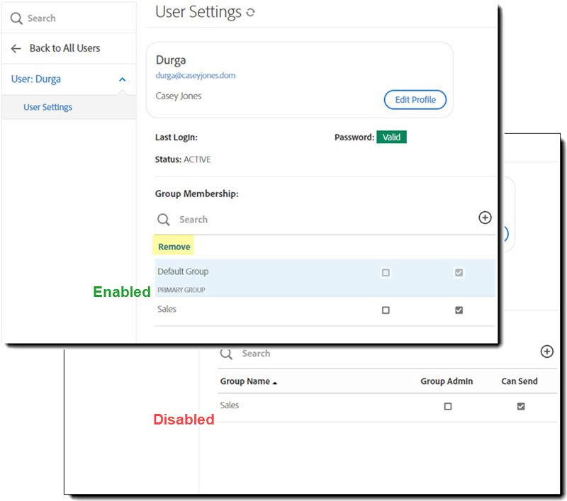 De interface Gebruikersinstellingen toont één instantie met zichtbare standaardgroep, en bij de andere is de standaardgroep niet duidelijk