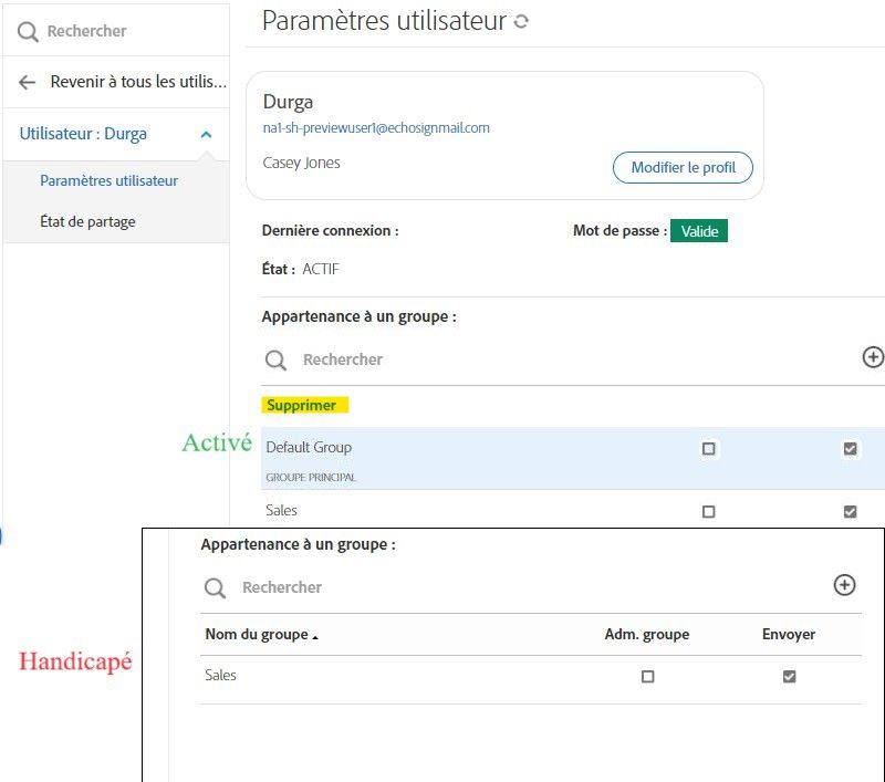 Interface Paramètres utilisateurs affichant une instance avec le groupe Par défaut visible et une autre où le groupe Par défaut n’est pas visible