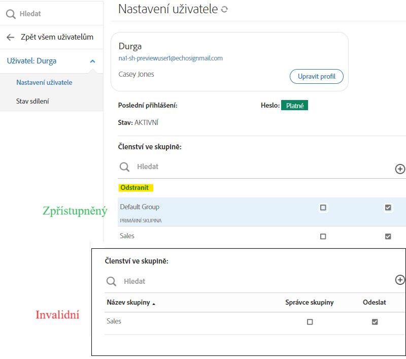 Rozhraní Nastavení uživatelů zobrazující jednu instanci se zobrazenou výchozí skupinou; druhá výchozí skupina není zřejmá