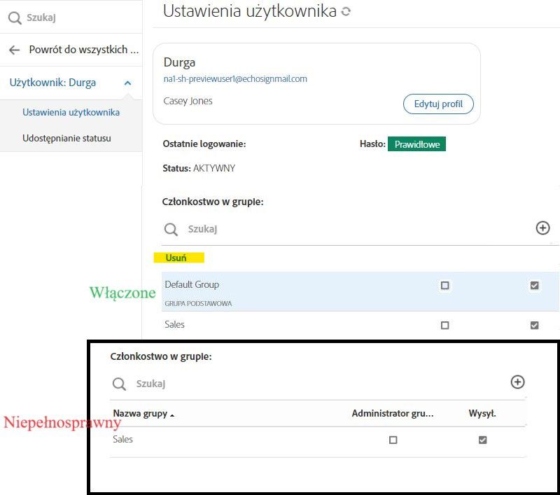 Interfejs Ustawienia użytkownika pokazuje jedną instancję z widoczną grupą domyślną, a druga grupa domyślna nie jest widoczna