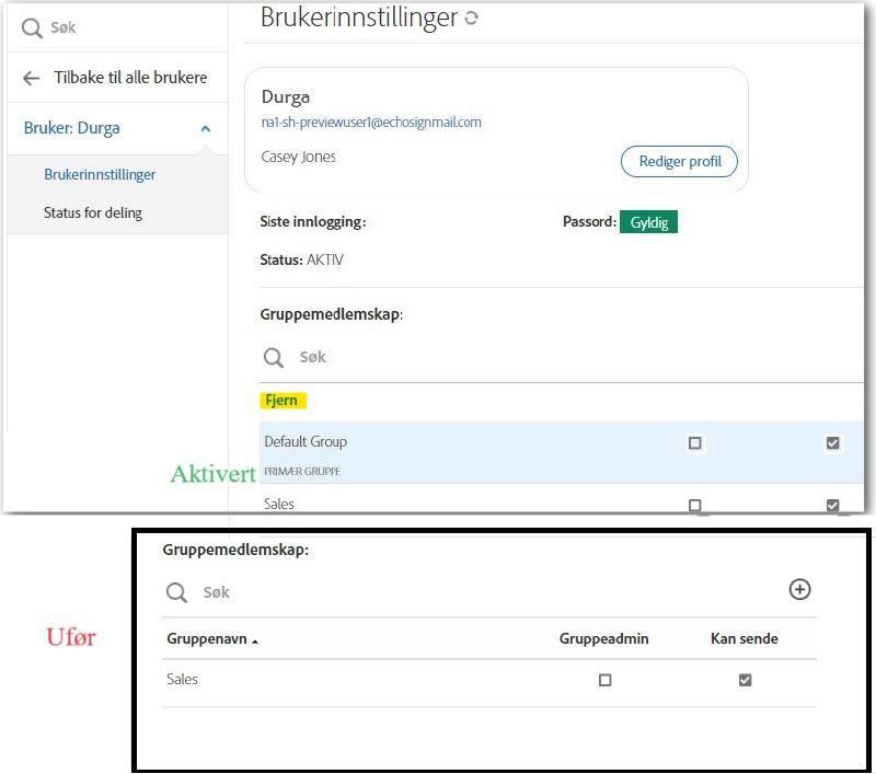 Brukerinnstillinger-grensesnittet som viser én forekomst med standardgruppen synlig og den andre standardgruppen er ikke tydelig