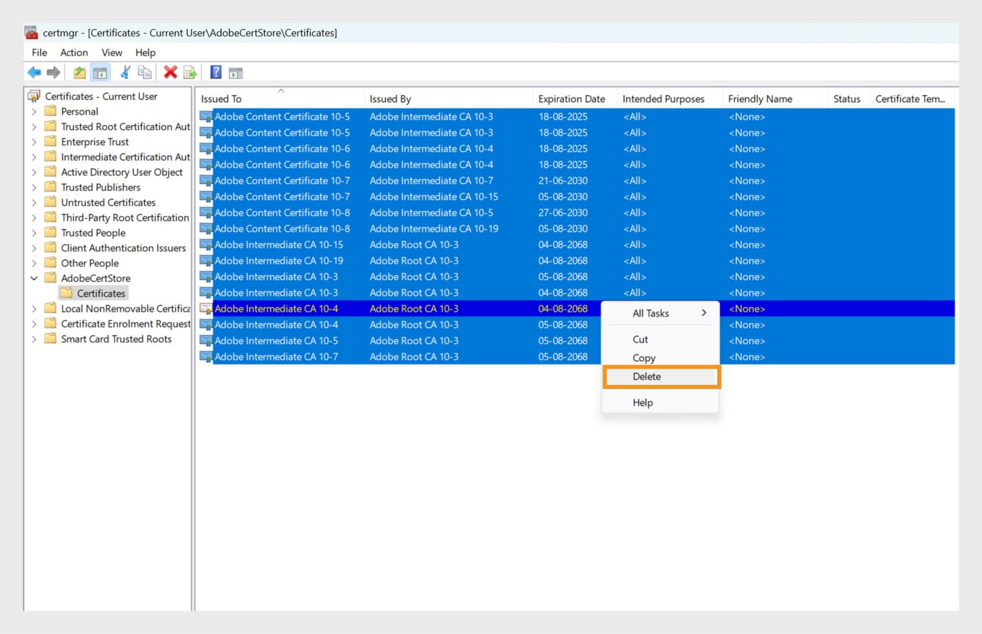 Pinapayagan ka ng Certificate Manager window na pumili ng isa o higit pang certificate at buksan ang na-expand na menu sa pamamagitan ng pag-right click sa mga certificate, na binibigyan ka ng opsyon na i-delete ang lahat ng piniling certificate.