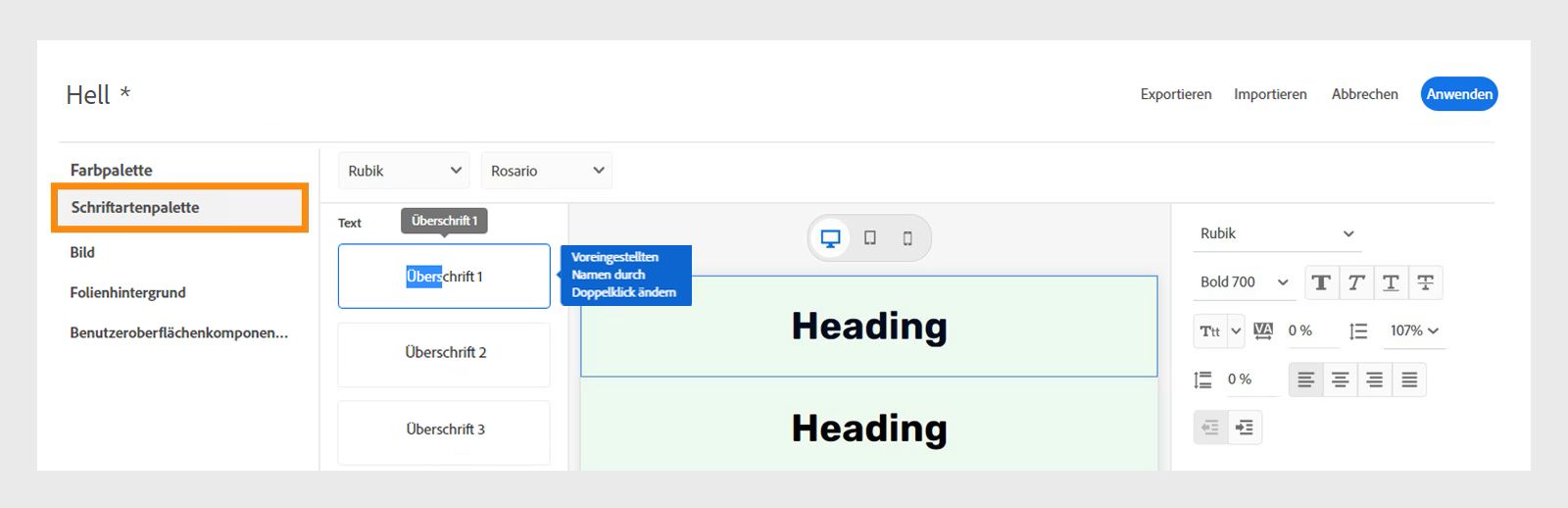 Auswählen von „Schriftartenpalette“, um eine Textvorgabe umzubenennen