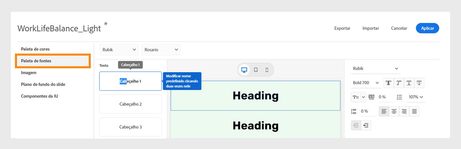 Selecionar Paleta de fonte para renomear uma predefinição de texto