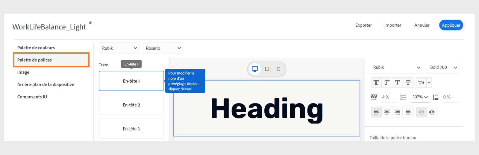 Sélection de l’option Palette de polices pour renommer un paramètre de texte prédéfini