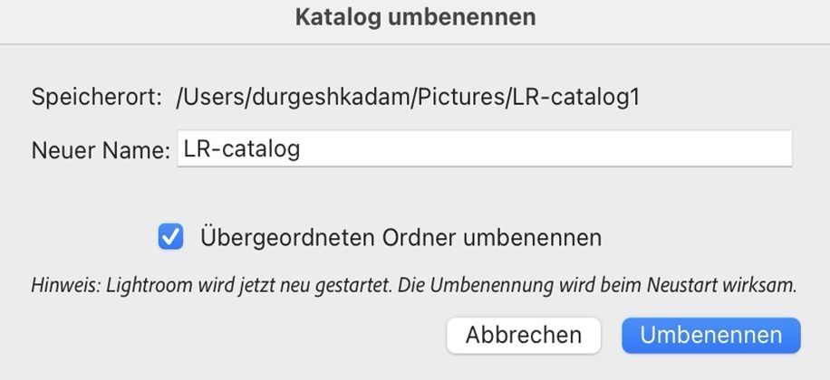 Dialogfeld zum Umbenennen eines Katalogs