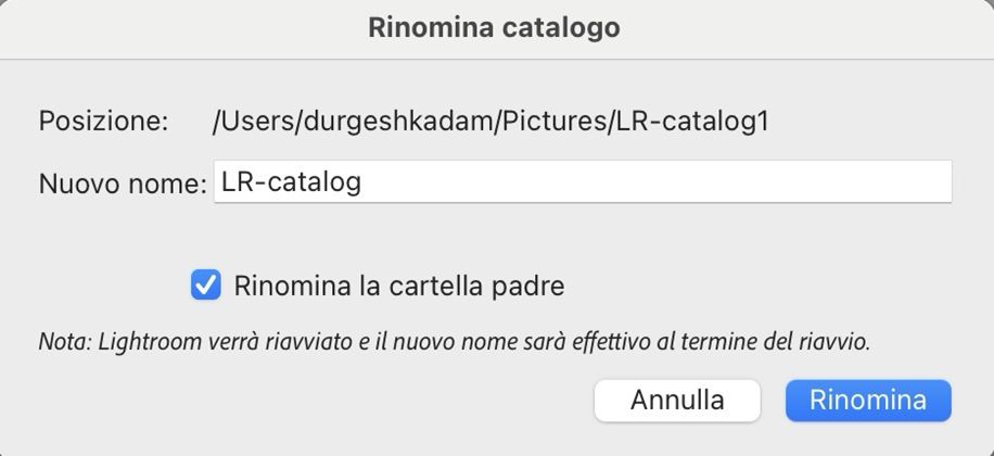 finestra di dialogo Rinomina catalogo