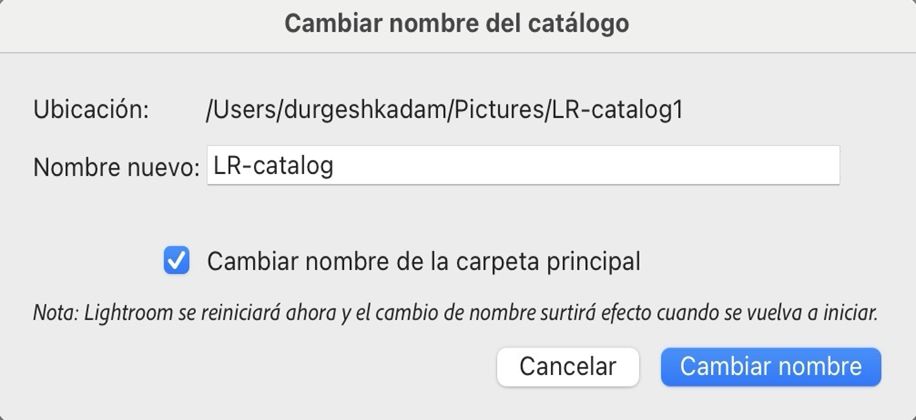 cuadro de diálogo cambiar nombre de catálogo