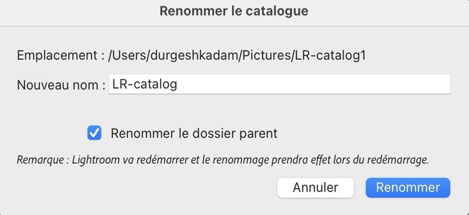 boîte de dialogue renommer le catalogue