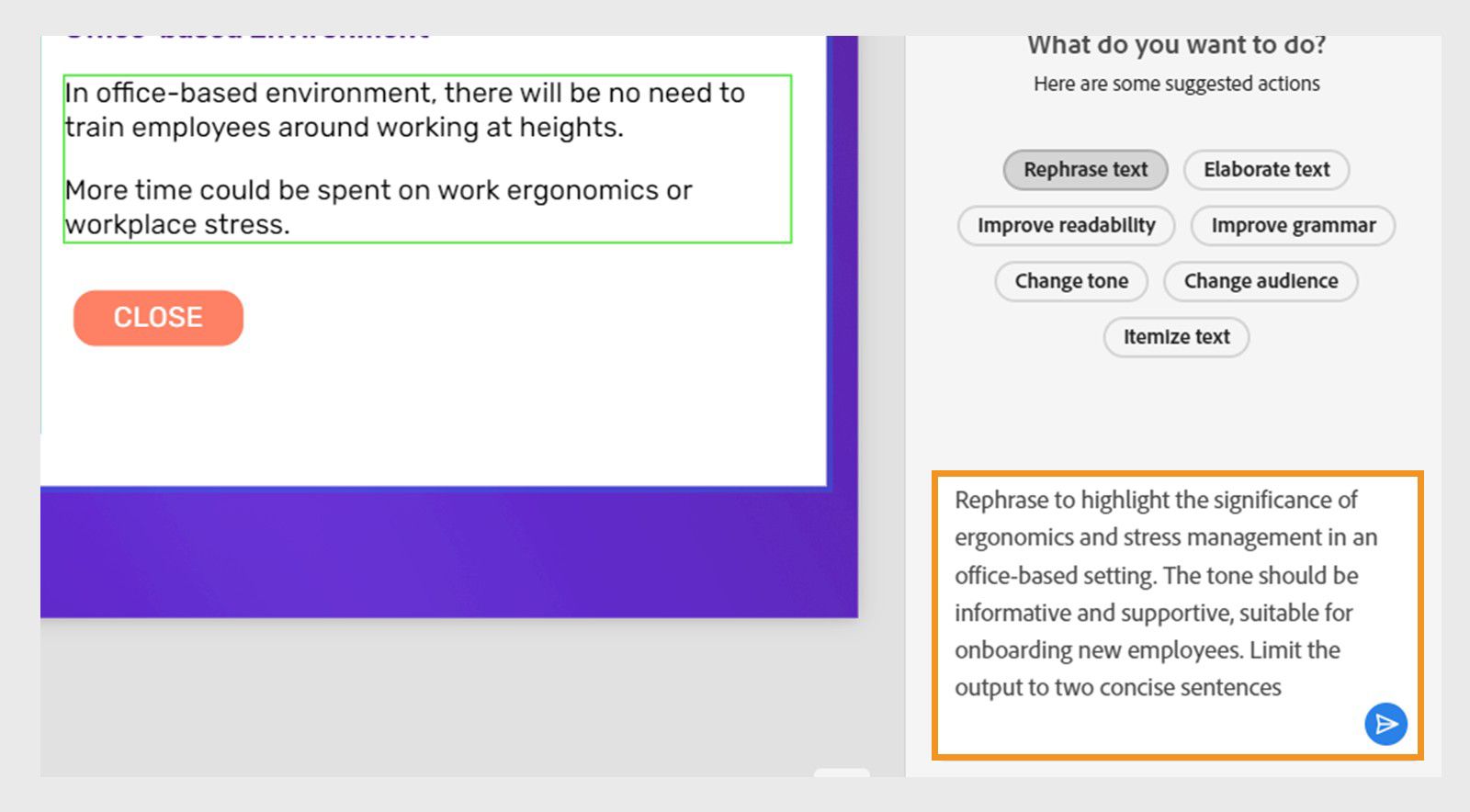 Rephrase text dialog showing the Visual properties panel with Generate text option and a dropdown menu with Rephrase text selected.