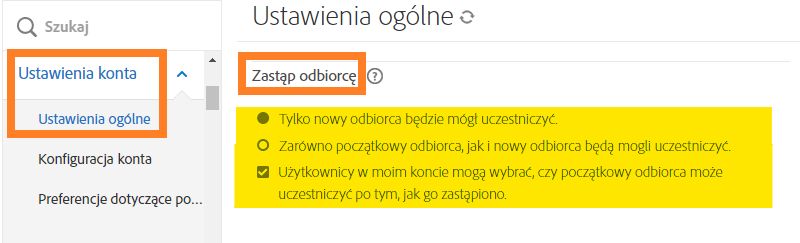 Elementy sterujące zastąpienia odbiorcy w interfejsie administratora