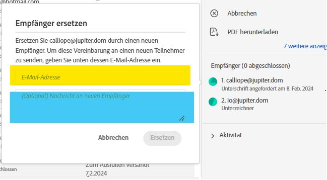 Die Seite „Verwalten“ mit der Oberfläche „Empfangende ersetzen“