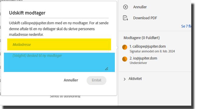 Grænsefladen Udskift modtager på siden Administrer