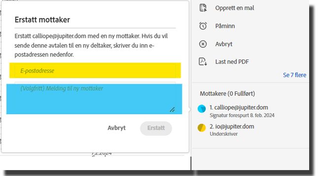 Grensesnittet for Erstatt mottaker på Behandle-siden