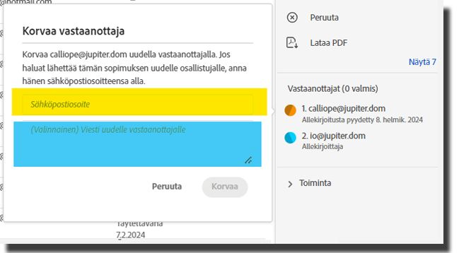 Hallinta-sivun Korvaa vastaanottaja -käyttöliittymä