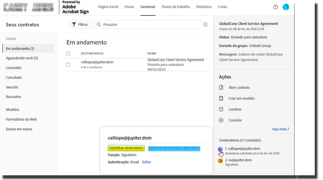 A página Gerenciar realçando a interface de Substituição do recipient