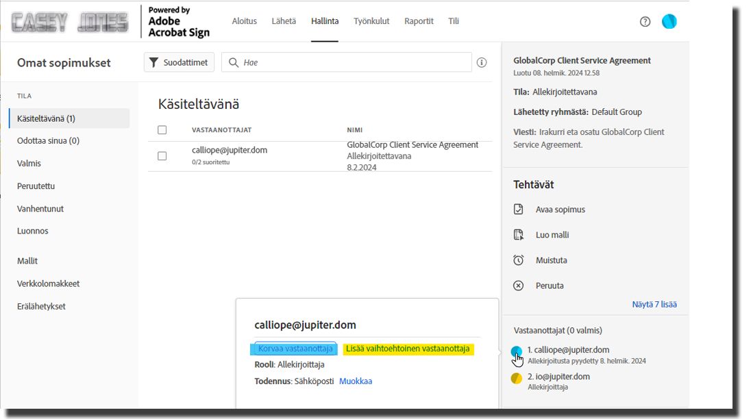 Vaihda vastaanottaja -käyttöliittymä näkyvissä Hallinta-sivulla