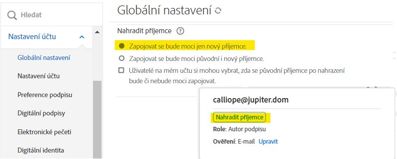 Nabídka správce Globální nastavení se zvýrazněním možnosti Nahradit příjemce s vloženými ovládacími prvky stránky Správa určenými pro odesílatele.