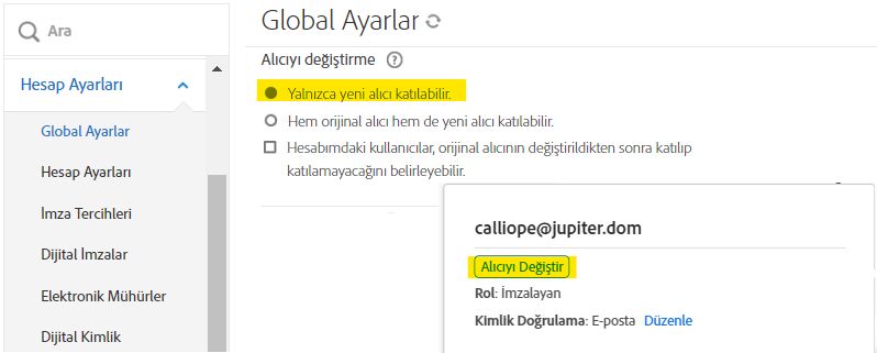 Gönderen için Yönet sayfası kontrollerinin bulunduğu Alıcıyı Değiştir seçeneğini vurgulayan Global Ayarlar yönetici menüsü.